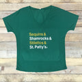 Shamrocks & Stilettos holiday themed knit top in green, gold, and white