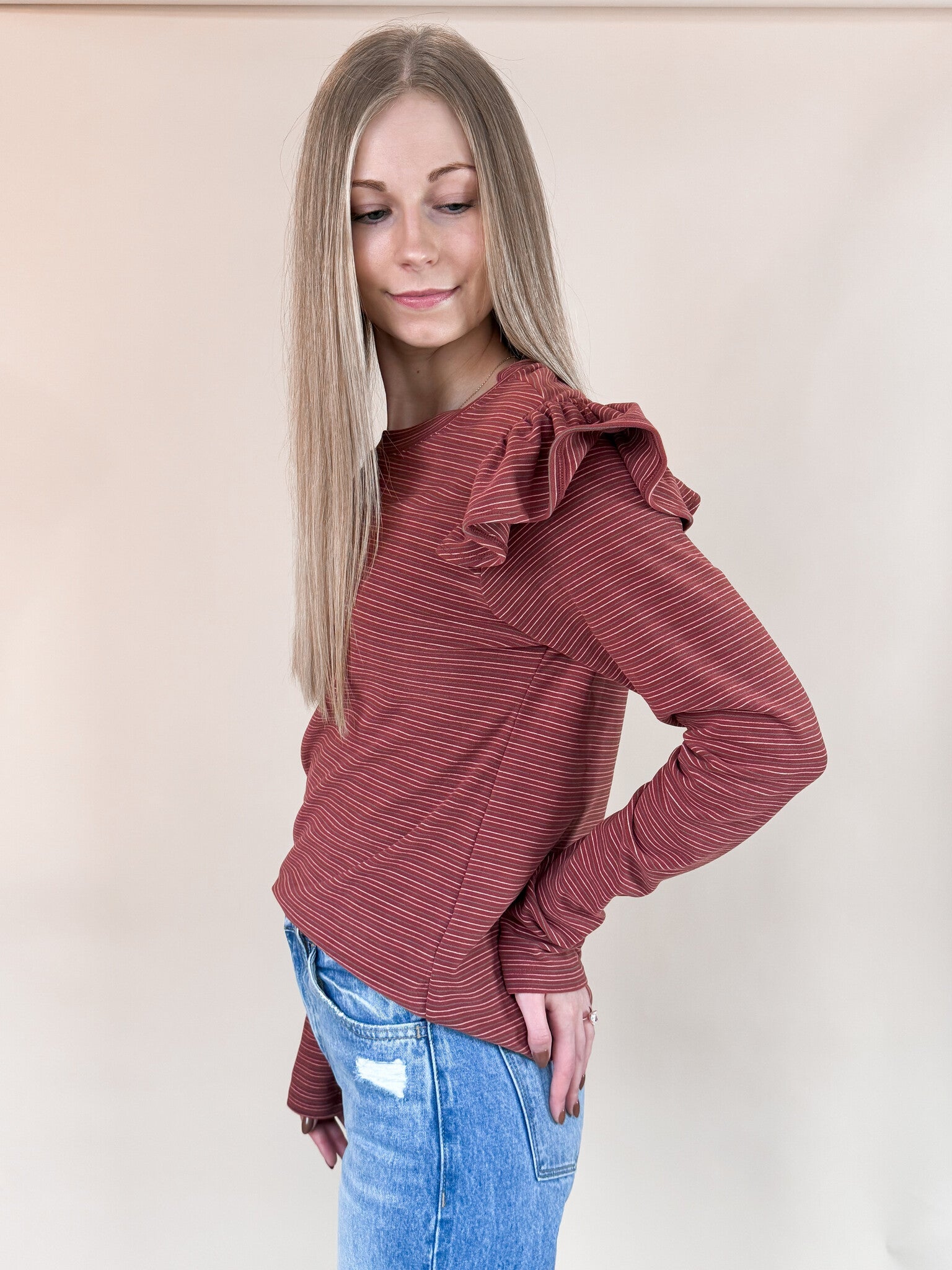 Soft Touch Striped Ruffle Shoulder Top in Brick Red