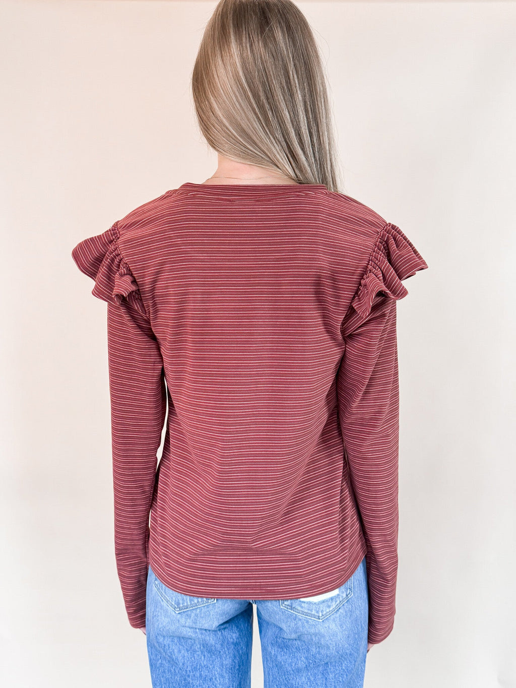 Soft Touch Striped Ruffle Shoulder Top in Brick Red
