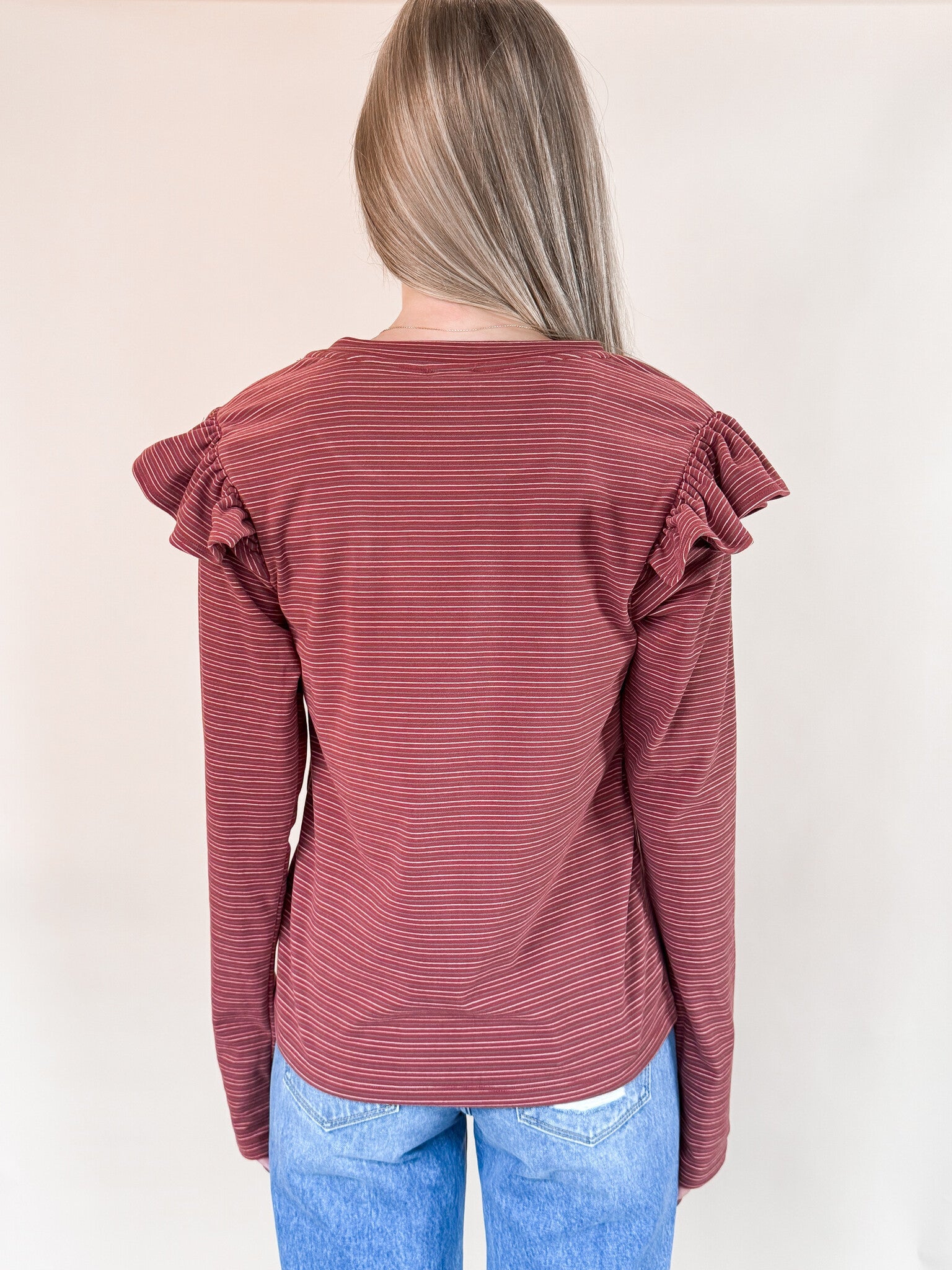Soft Touch Striped Ruffle Shoulder Top in Brick Red