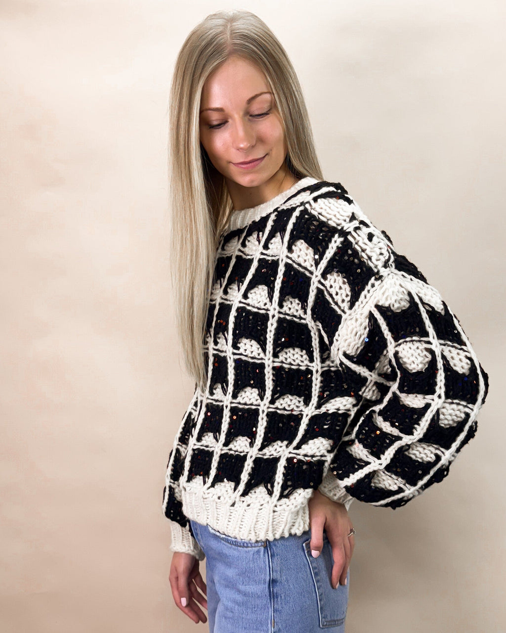 Contrast Color Square Knitted Sweater in Black and Ivory