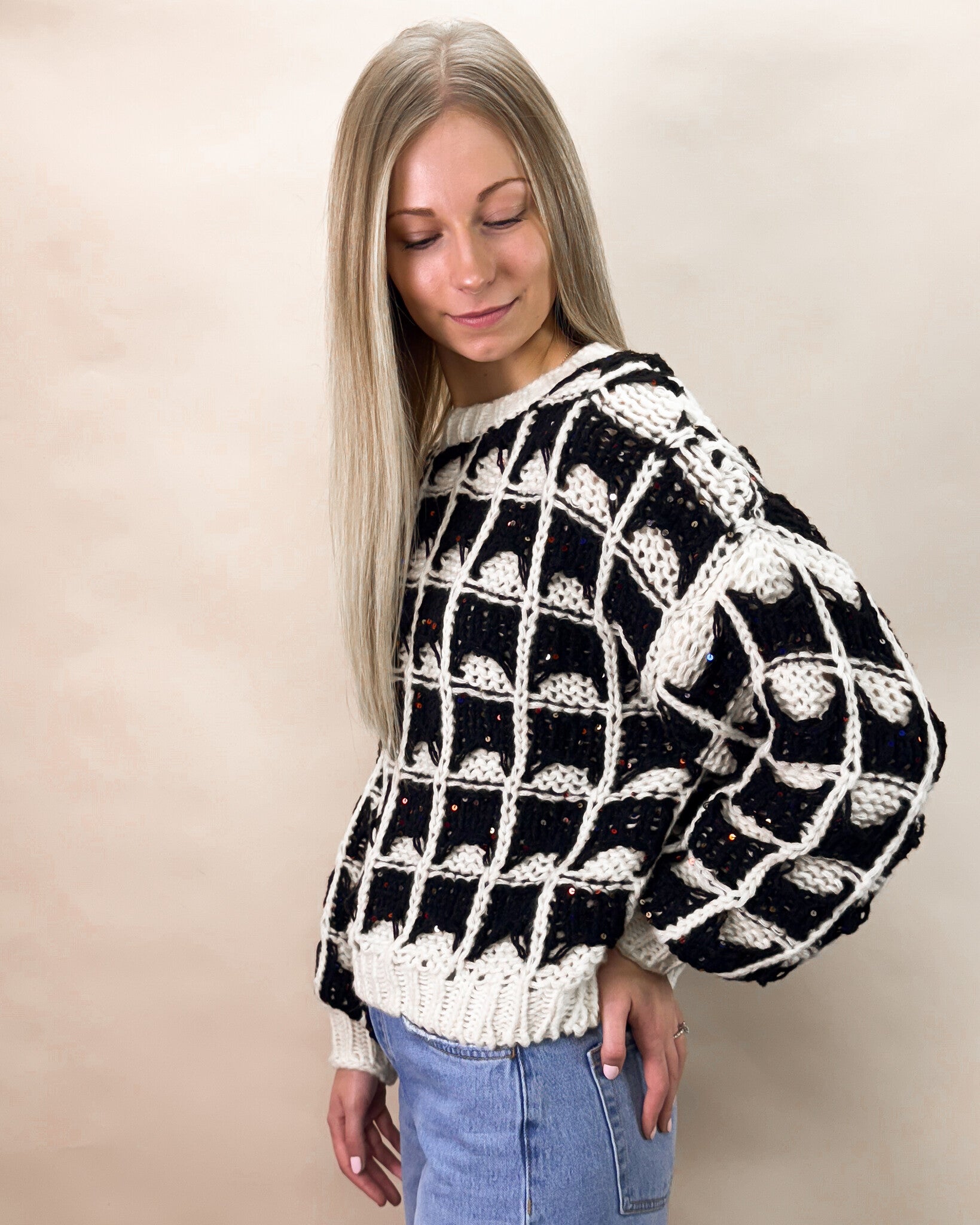 Contrast Color Square Knitted Sweater in Black and Ivory