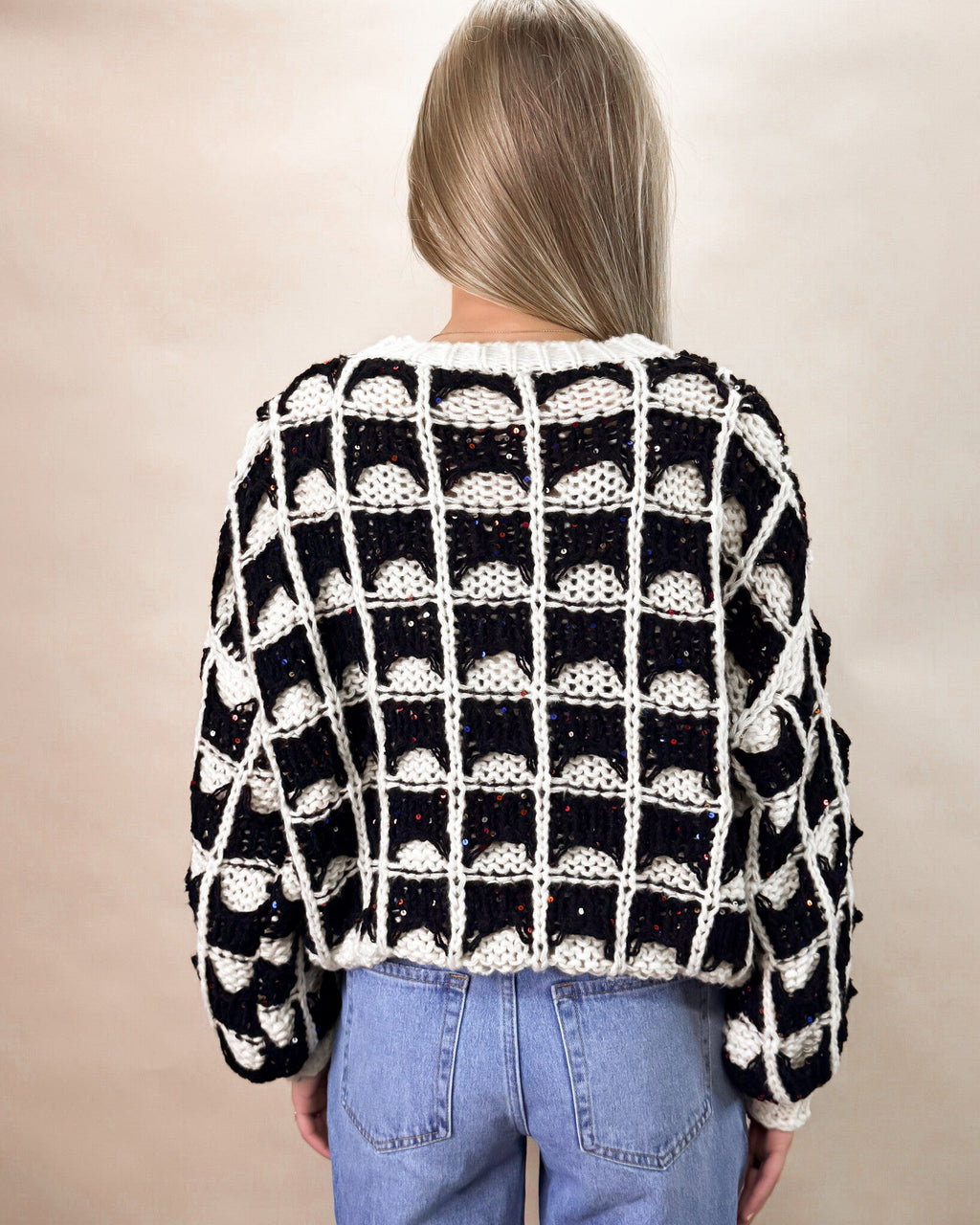 Contrast Color Square Knitted Sweater in Black and Ivory