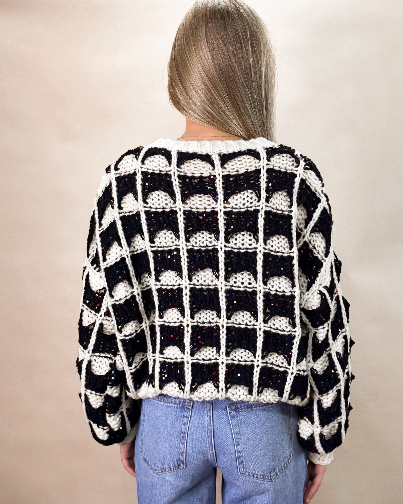 Contrast Color Square Knitted Sweater in Black and Ivory