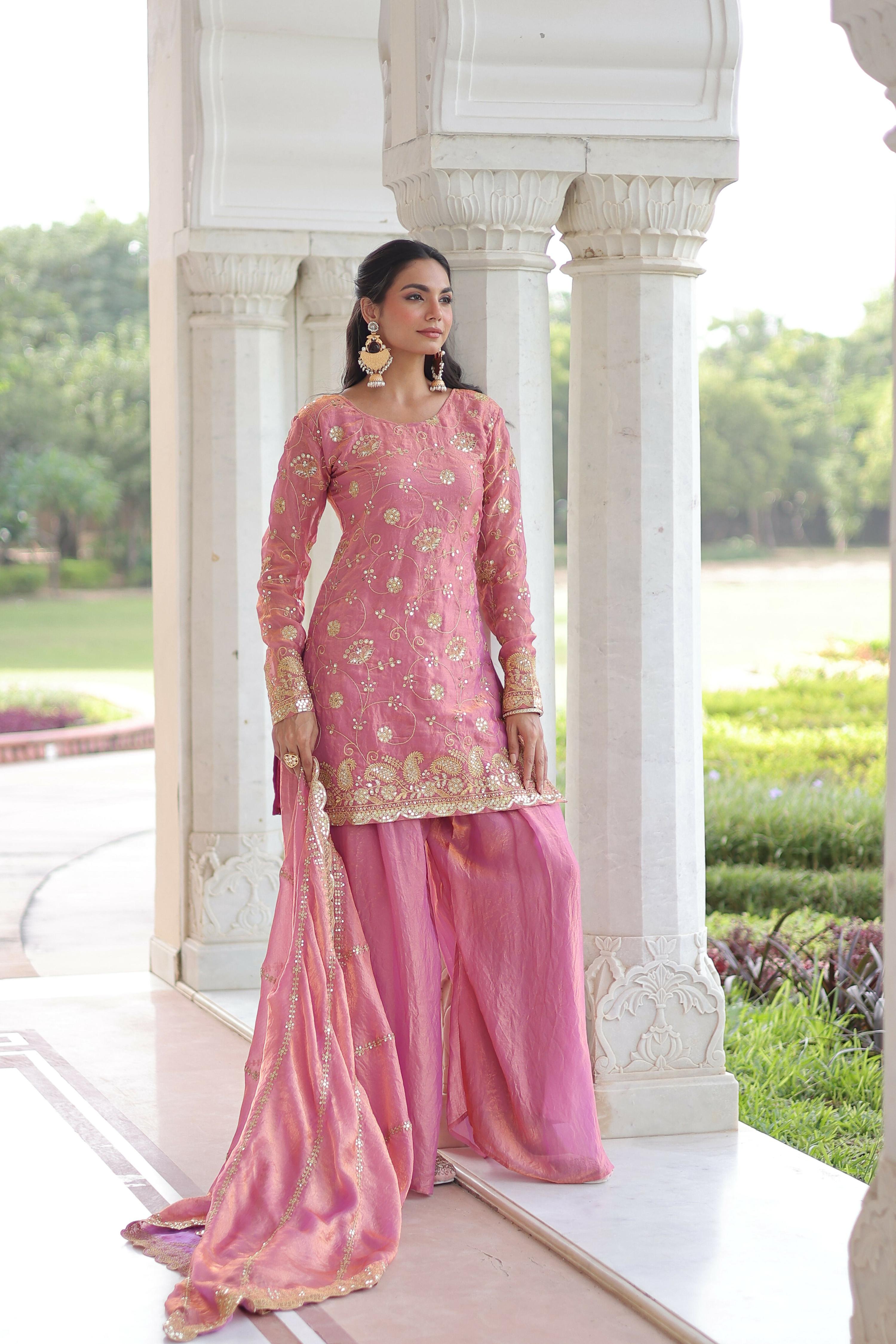 Pink Silk Readymade Kurta Set with Sequins Embroidery Work