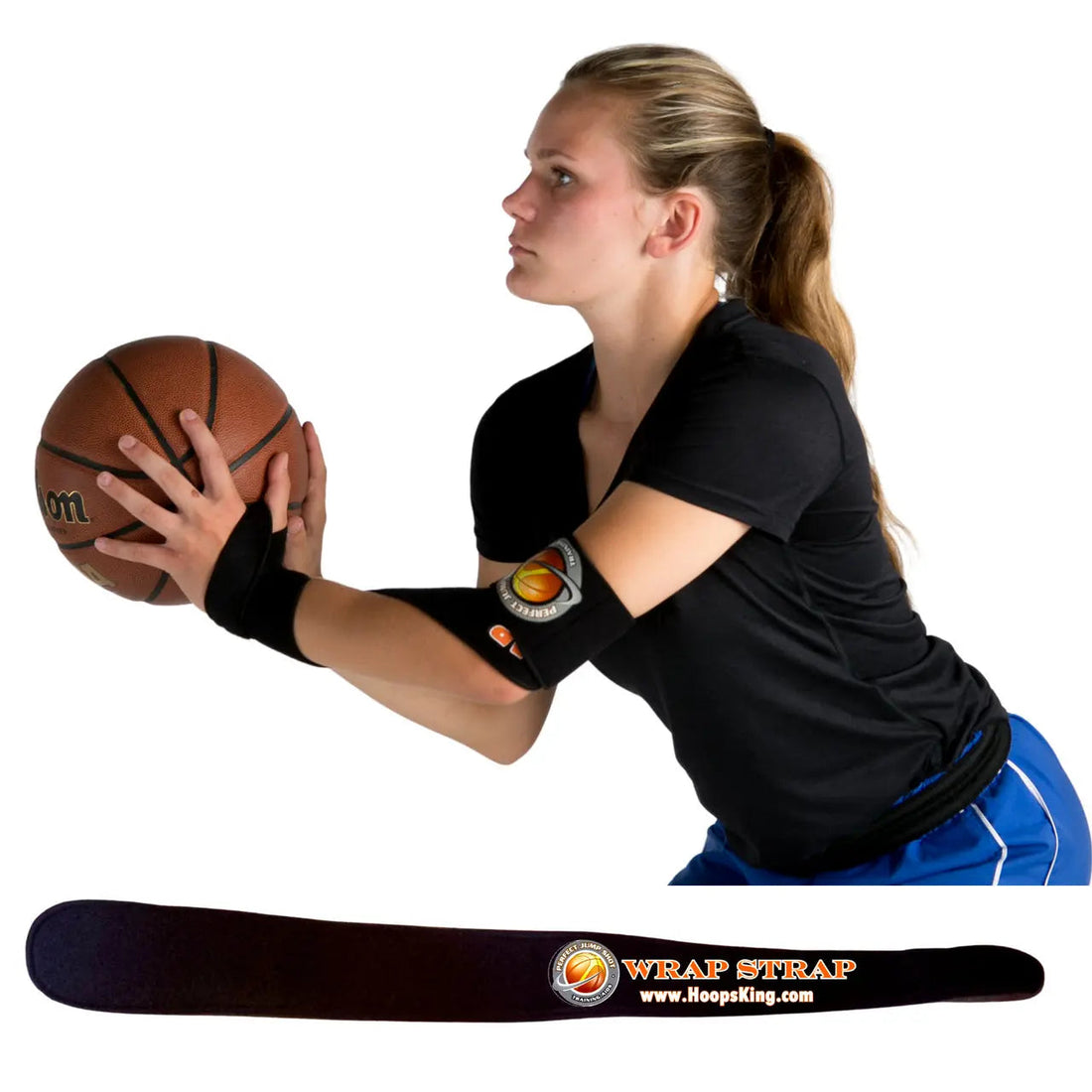 Athlete demonstrating the Wrap Strap off hand basketball shooting aid during practice