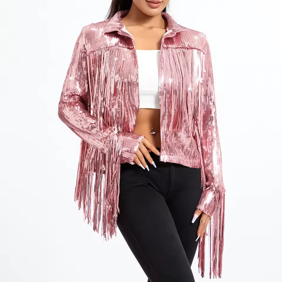 Silver Sequin Tassel Jacket Long Sleeve Reflective Glitter Shimmer