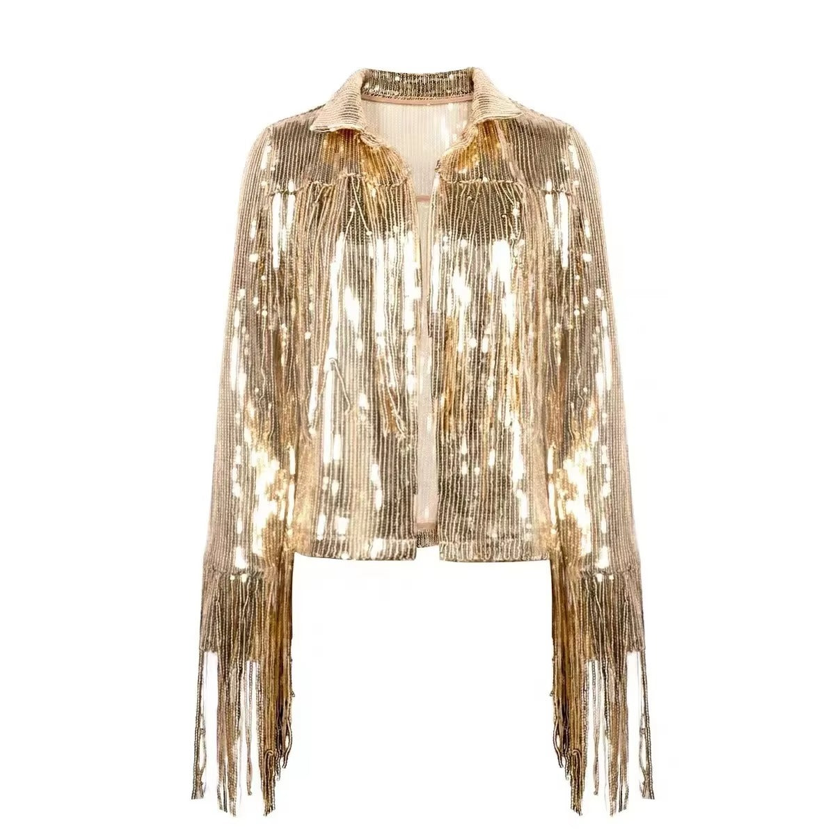 Silver Sequin Tassel Jacket Long Sleeve Reflective Glitter Shimmer