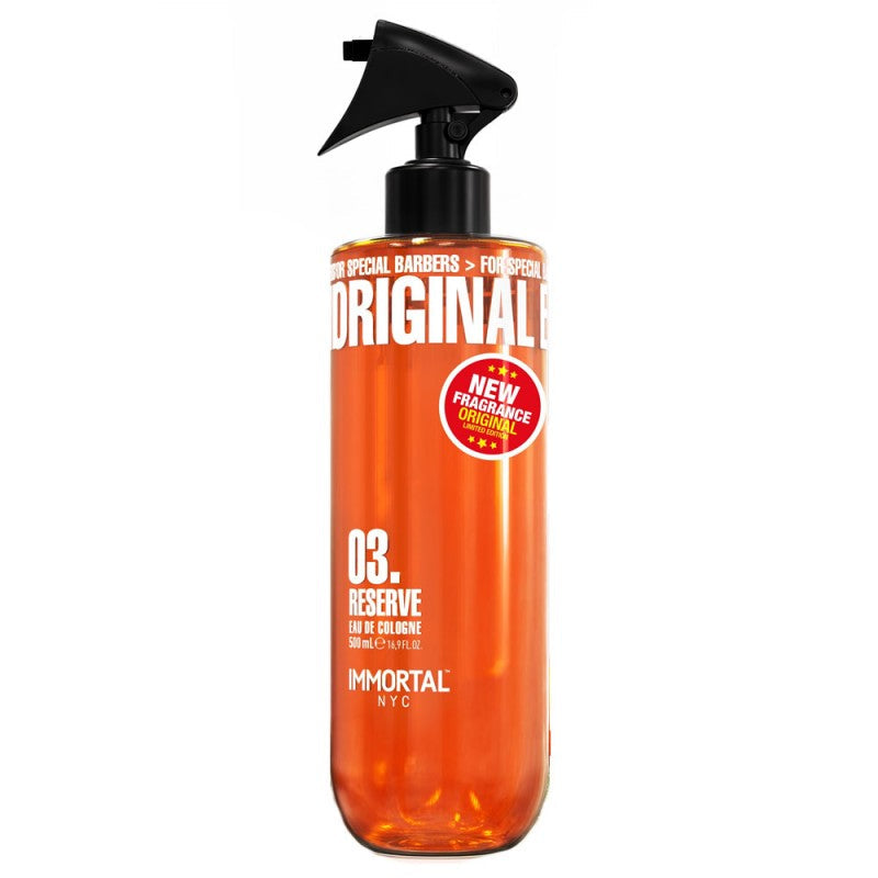 Bottle of Immortal NYC Reserve 03 Eau De Cologne 16.9oz, a luxury-inspired fragrance for post-shave grooming.