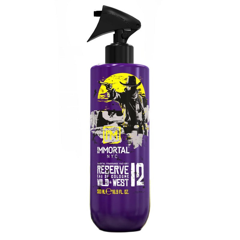 Immortal NYC Reserve 12 Eau De Cologne 16.9oz bottle with vibrant purple base and yellow western-style graphic accents.