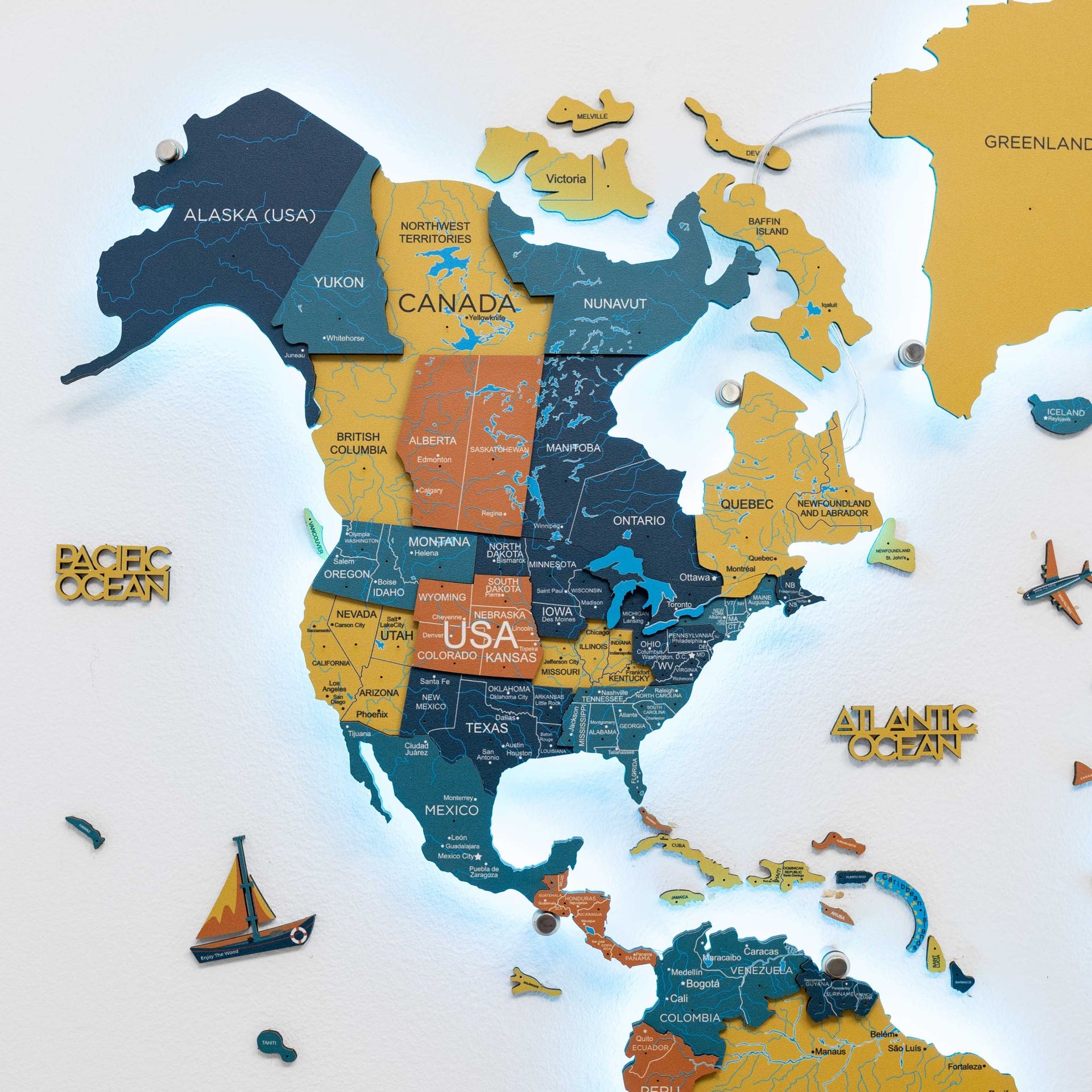 3D Luminous Wooden World Map 3.0 Indie with Interactive LED