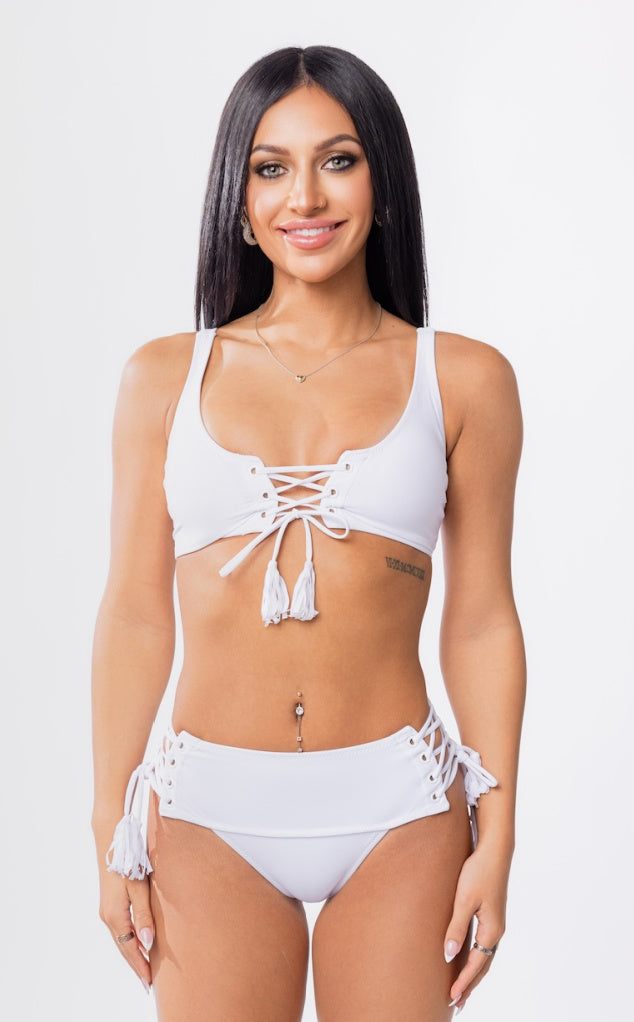 Lace Up Bikini Top with Fringe and Adjustable Straps