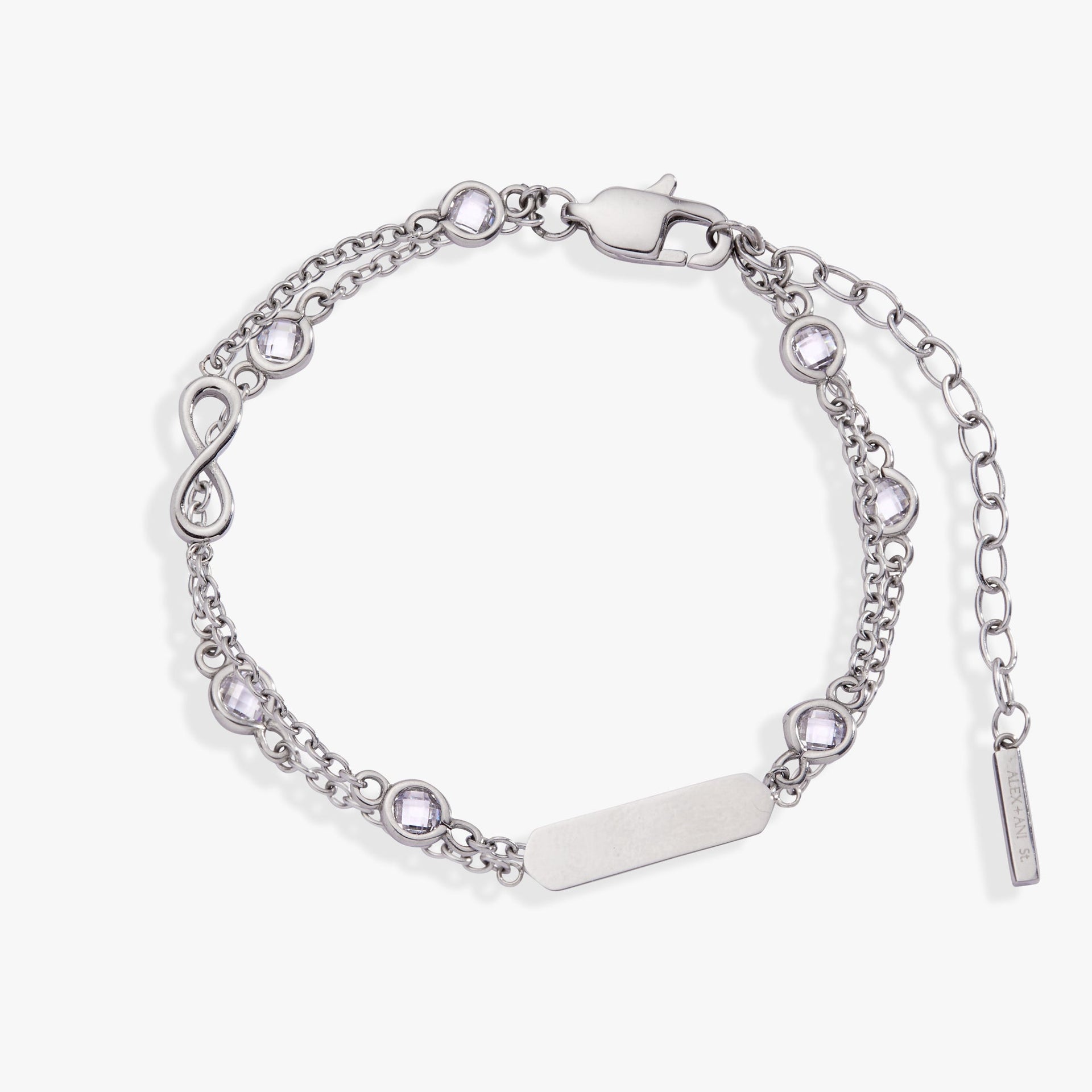 Double strand chain bracelet featuring infinity symbols and crystal stone accents.
