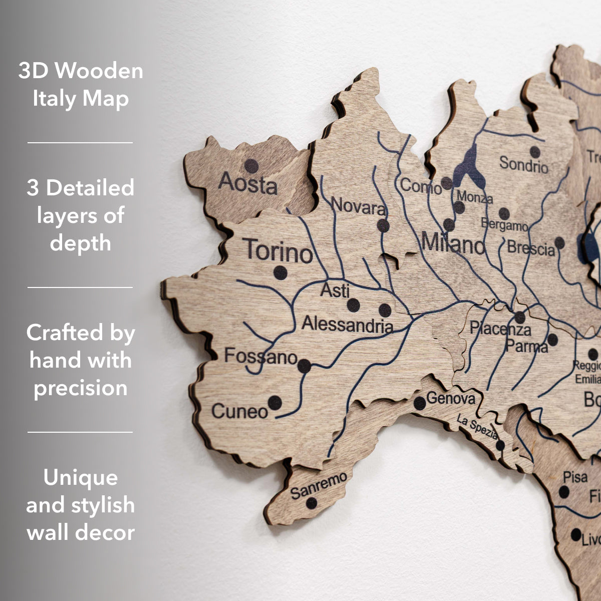 Wooden Map of Italy – Terra with Travel Pins and Landmarks