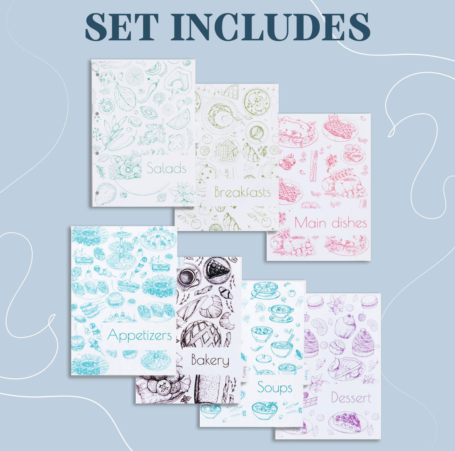 Set of 7 colorful minimalist recipe book dividers labeled with cooking categories like breakfast and dessert.
