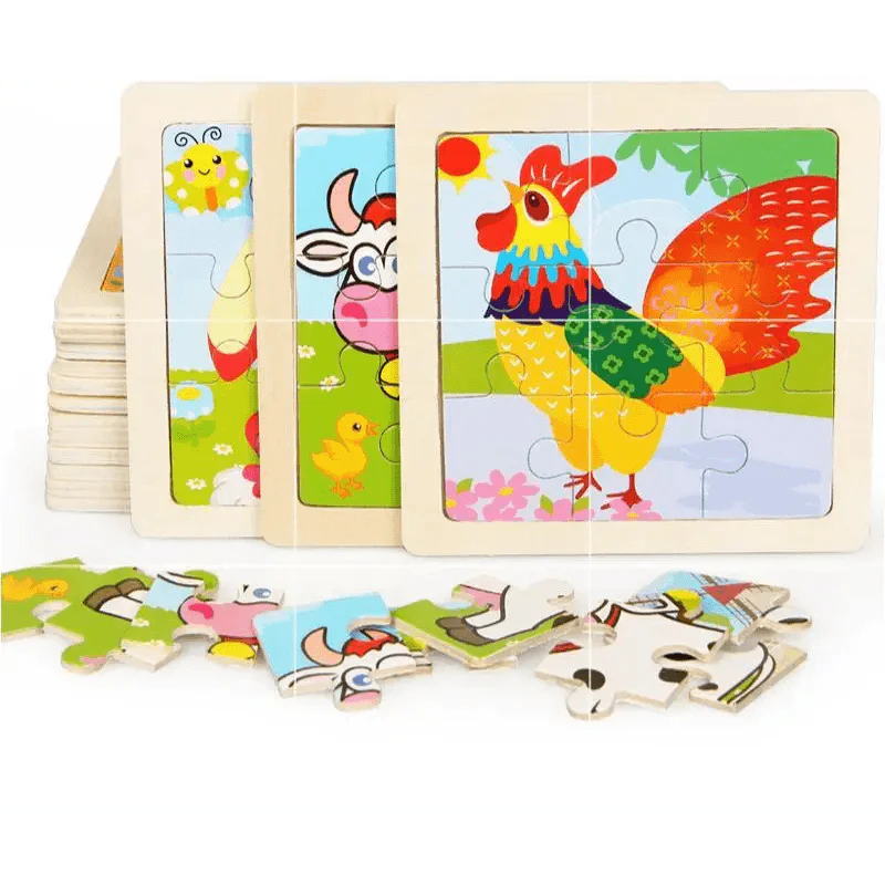 Multicolor wooden 3D animal tangram puzzle pieces arranged for a child's educational play.