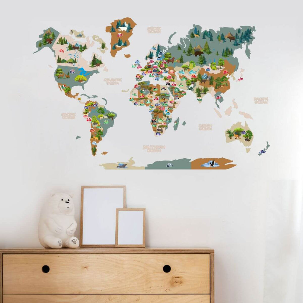 Interactive Kids Wall Map in Khaki for Geography Learning