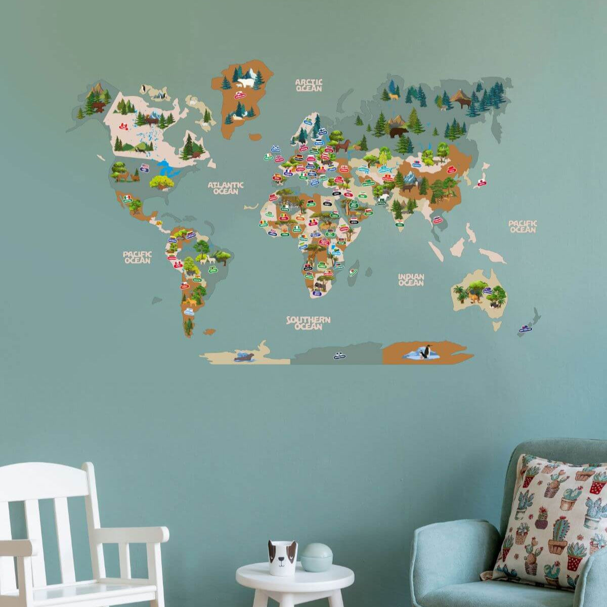 Interactive Kids Wall Map in Khaki for Geography Learning