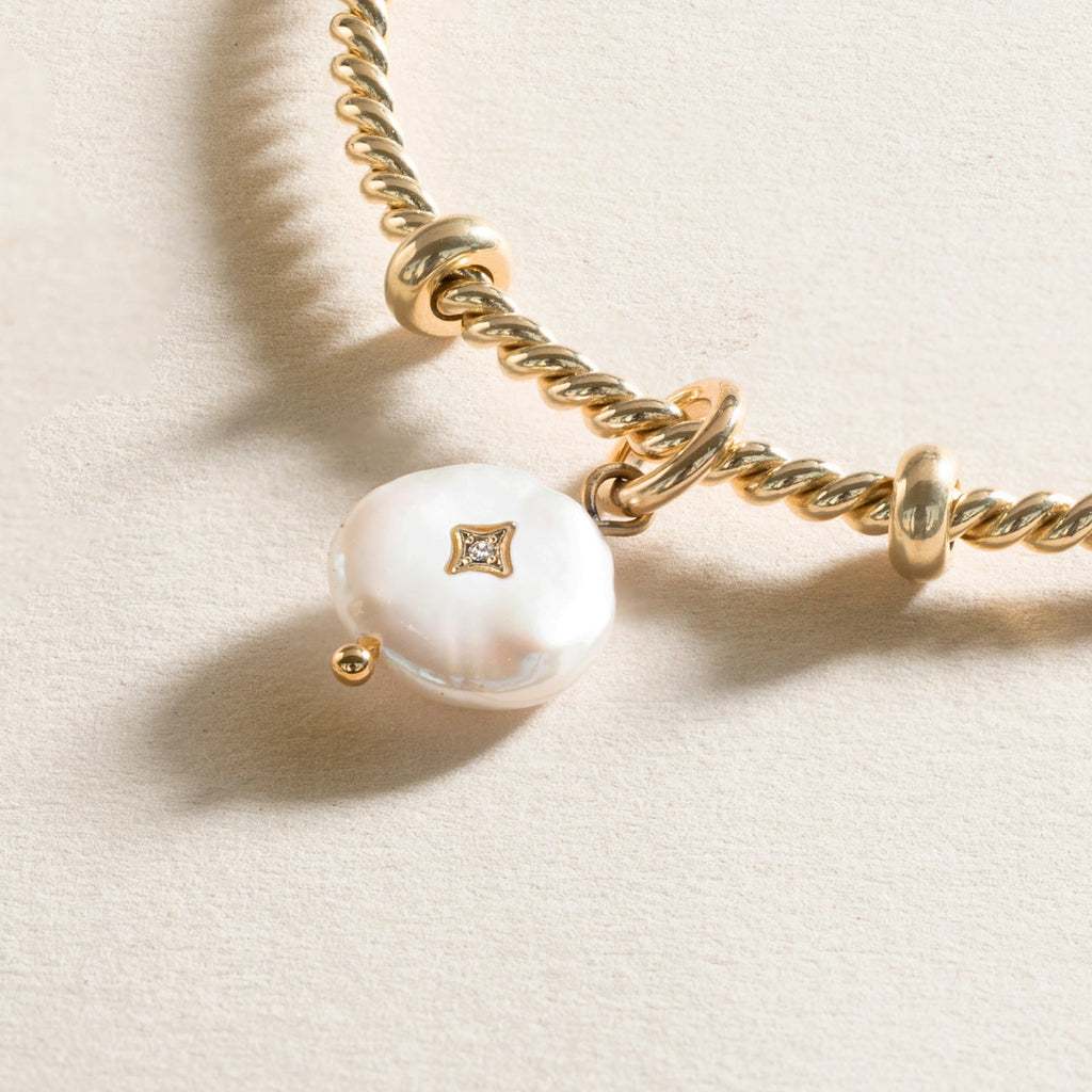 Pearl Interchangeable Charm with Gold Stainless Steel Accents
