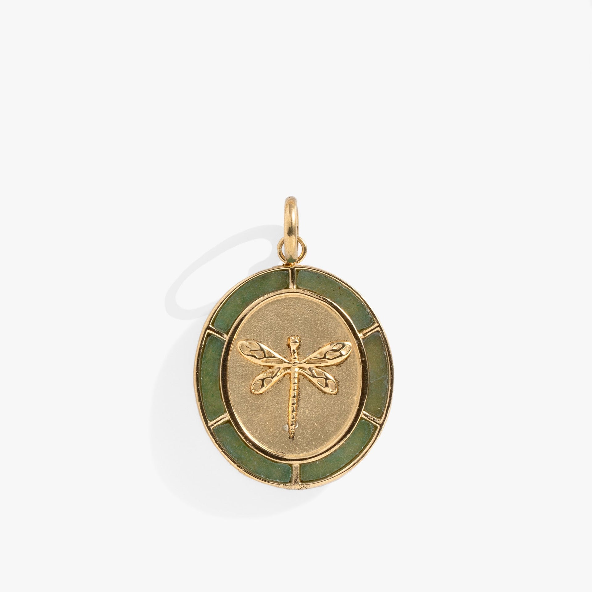 Dragonfly Interchangeable Charm featuring a gold-tone stainless steel frame, green jade, and a 3D dragonfly.