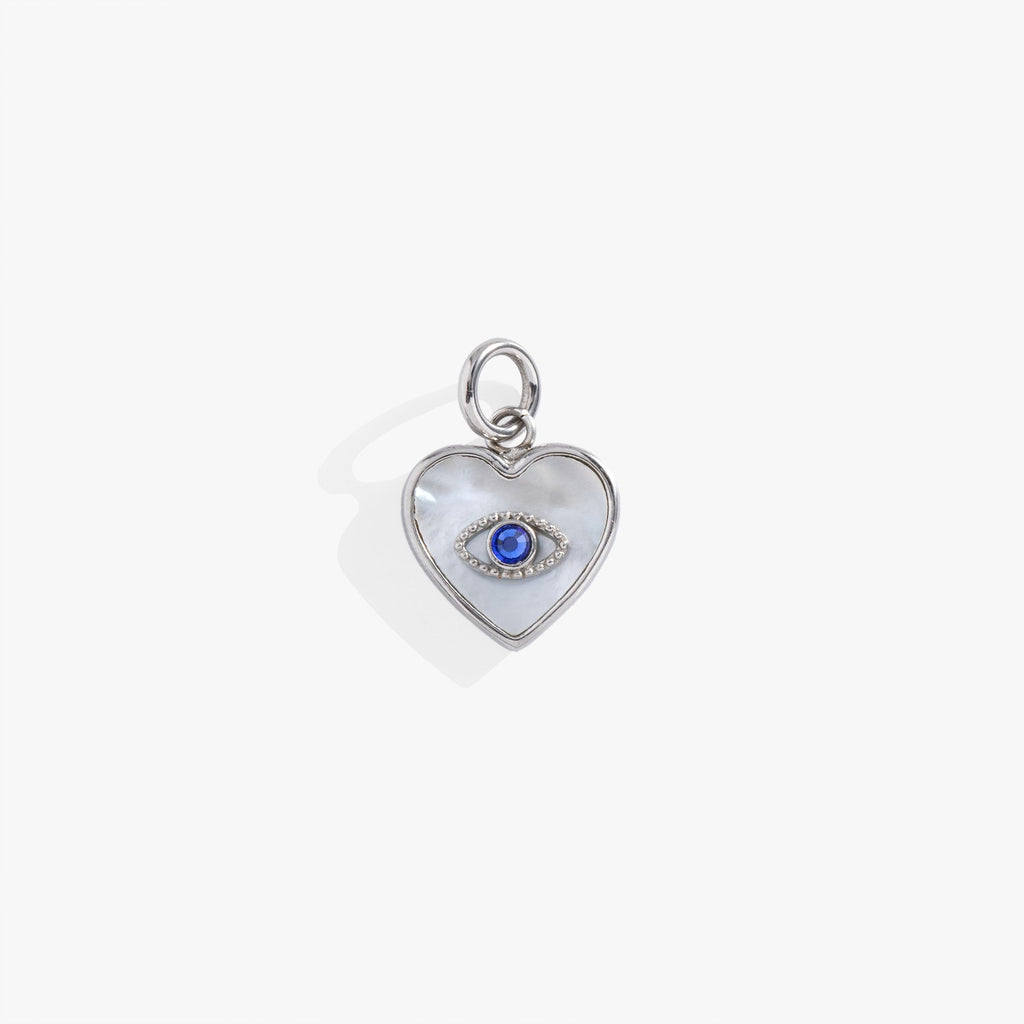 Silver-tone stainless steel heart charm with mother of pearl inlay and blue crystal evil eye center