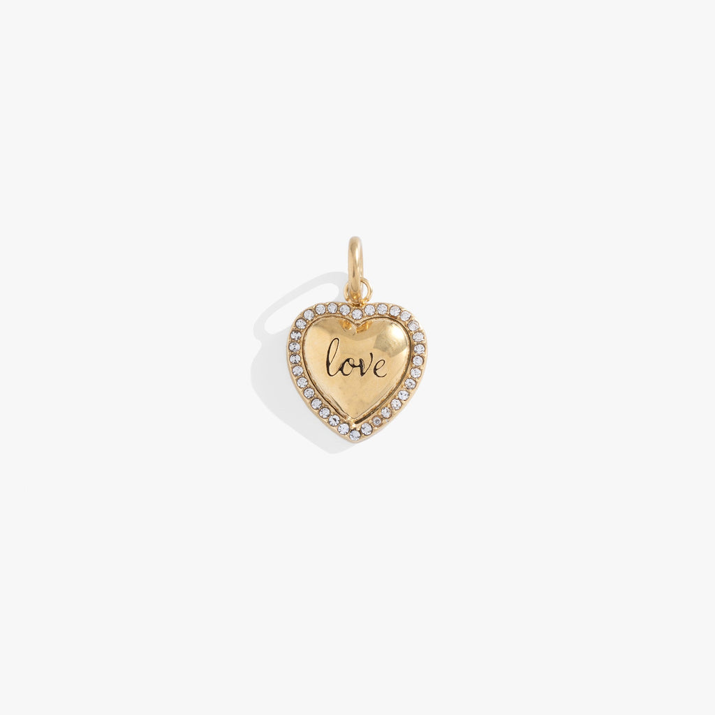 Gold-tone heart-shaped charm with clear pave crystals and an engraved 'Love' sentiment.