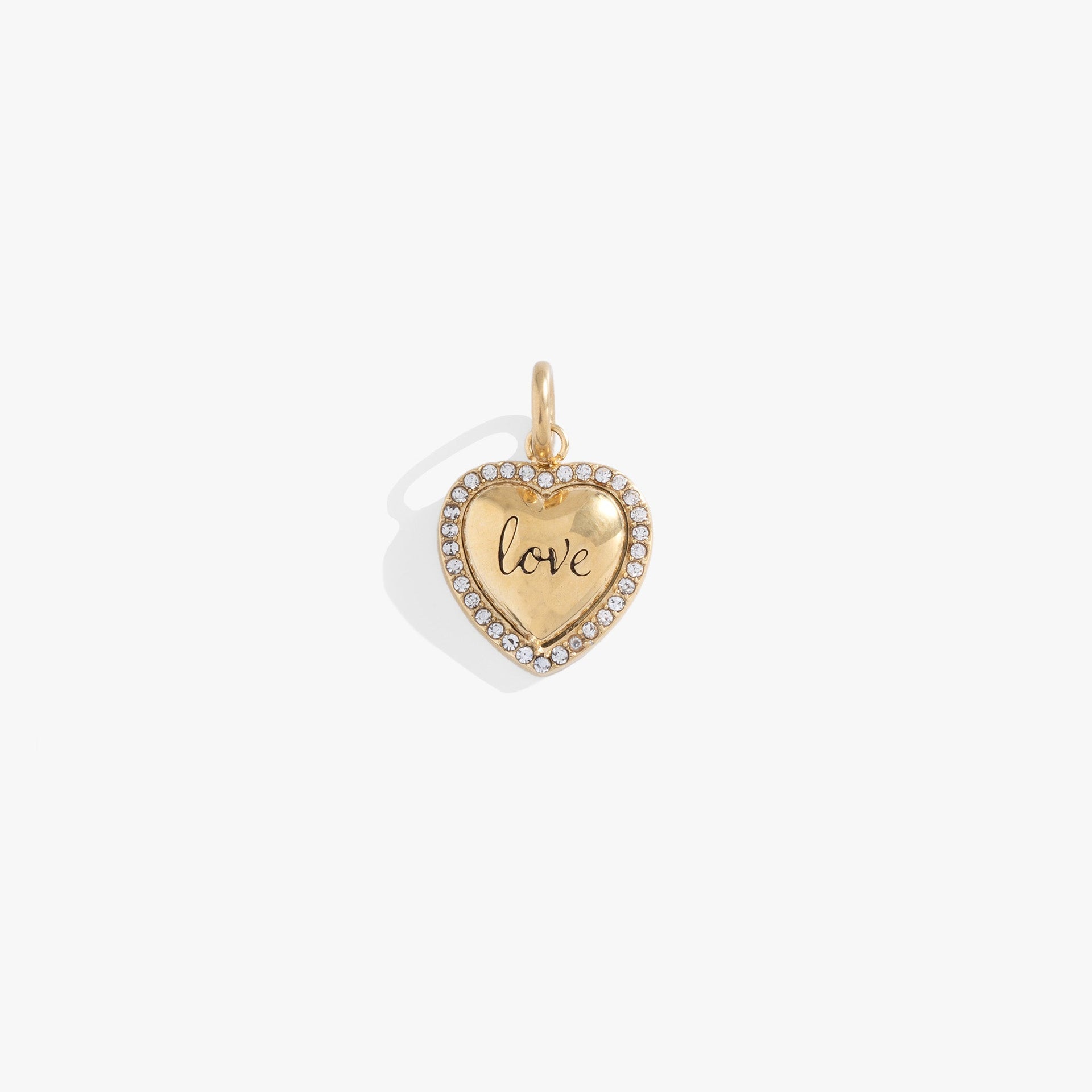 Gold-tone heart-shaped charm with clear pave crystals and an engraved 'Love' sentiment.
