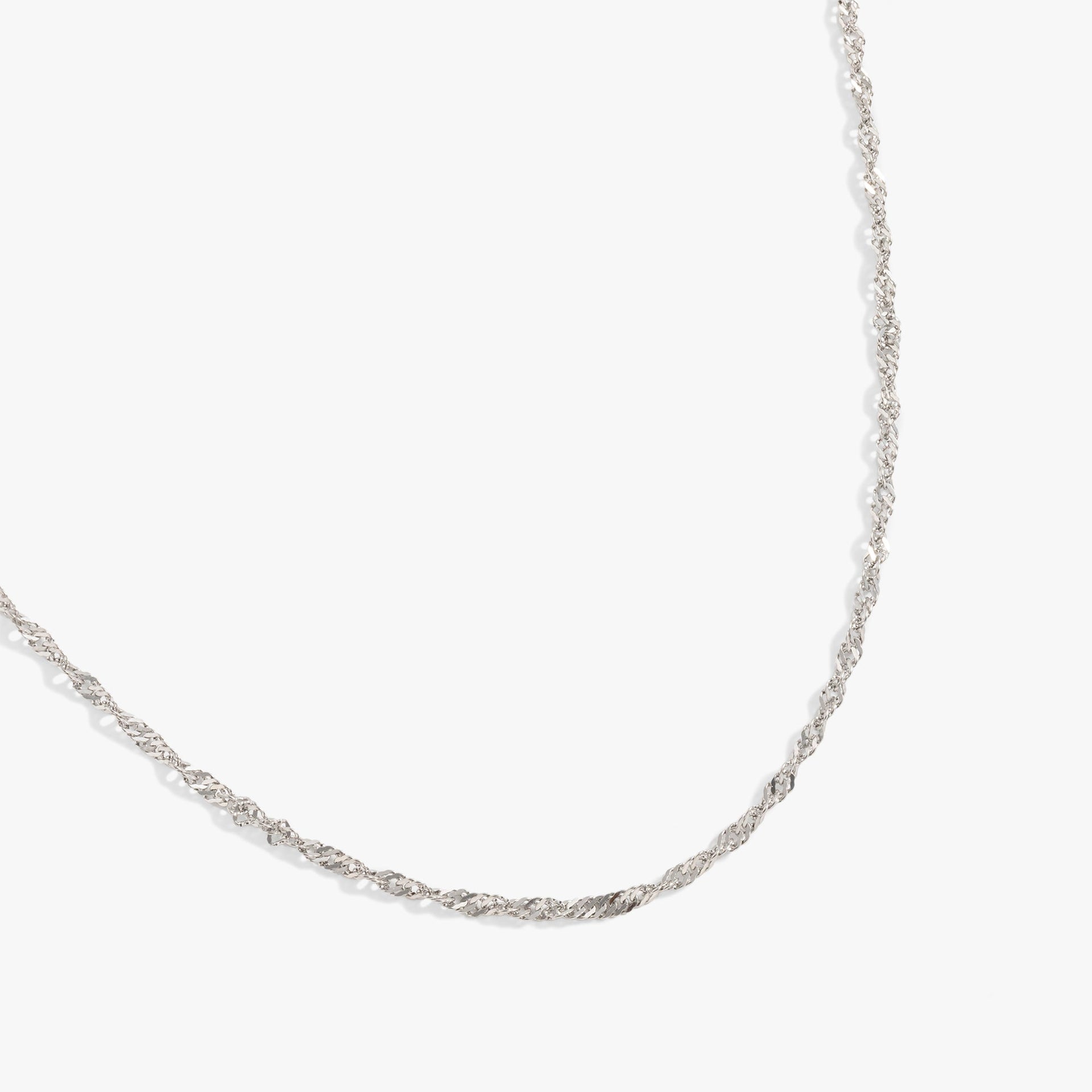 Silver stainless steel Singapore chain necklace with an intricate, shimmering link pattern.