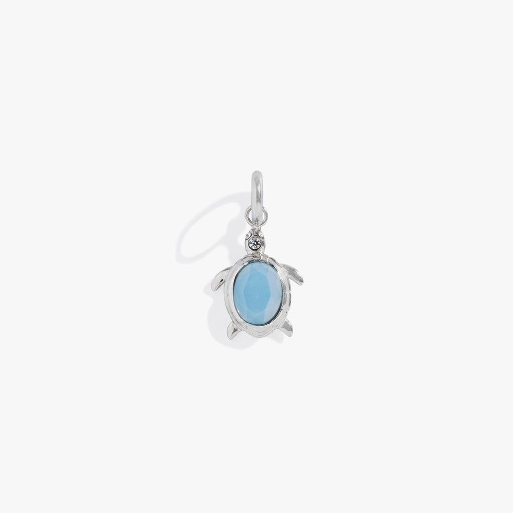 Close-up of a silver stainless steel Sea Turtle Interchangeable Charm with an iridescent crystal shell and clear accents.