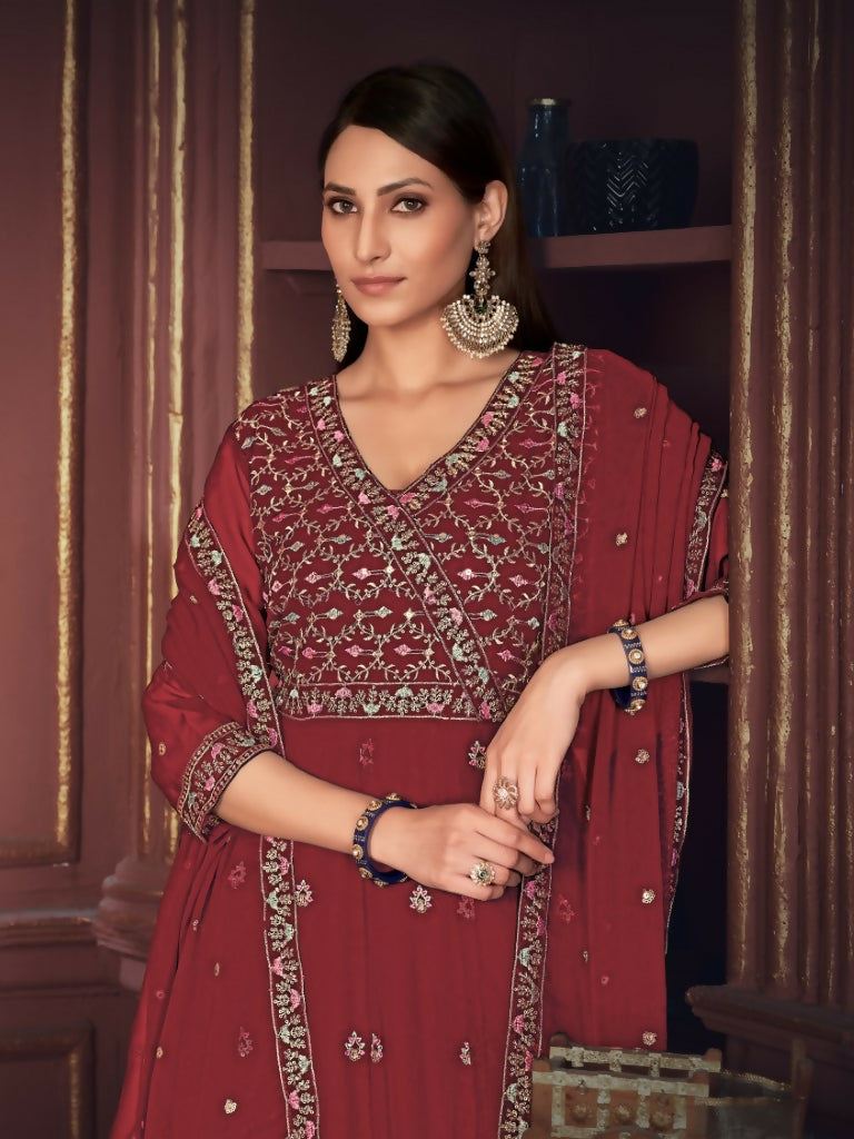 Maroon Georgette Embroidered Anarkali Kurta Pant Set with Dupatta