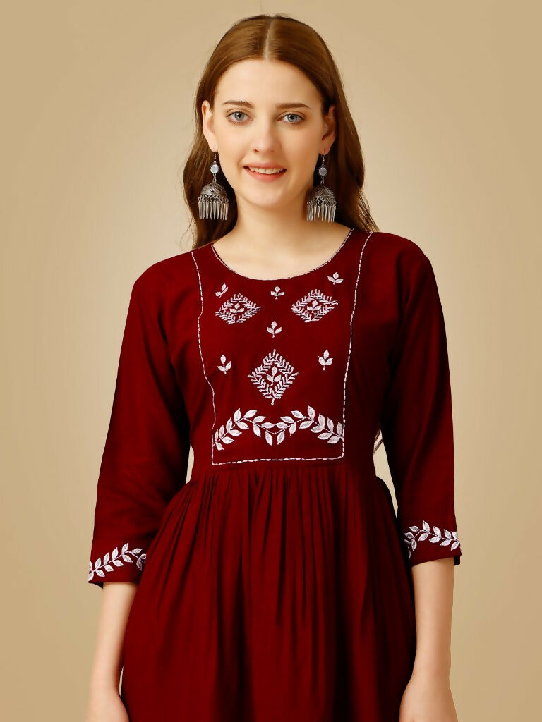 Maroon Embroidered Casual Top with Sequence Work in Rayon