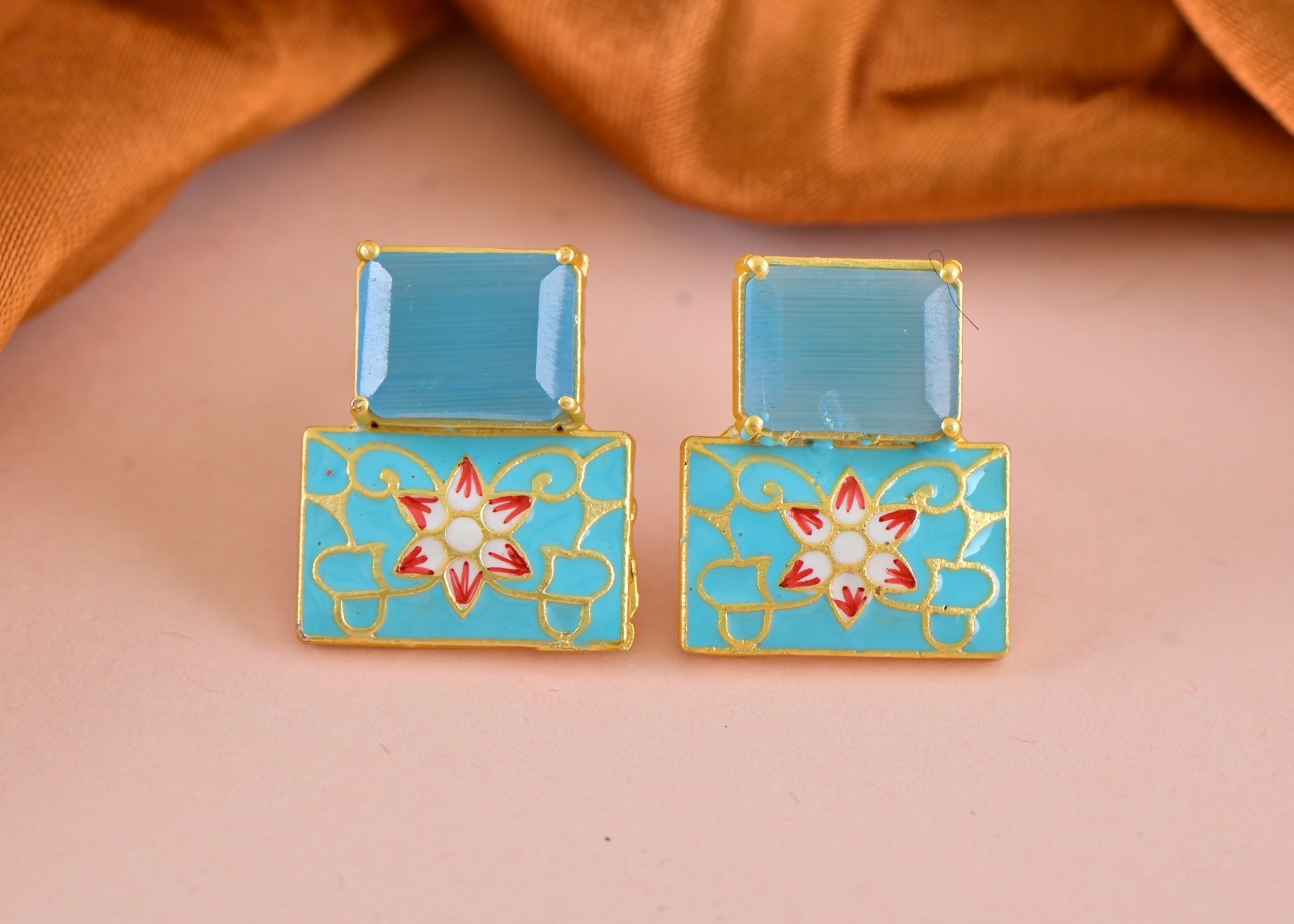 Elegant Firozi Onyx brass earrings for women featuring a vibrant turquoise-hued stone design.