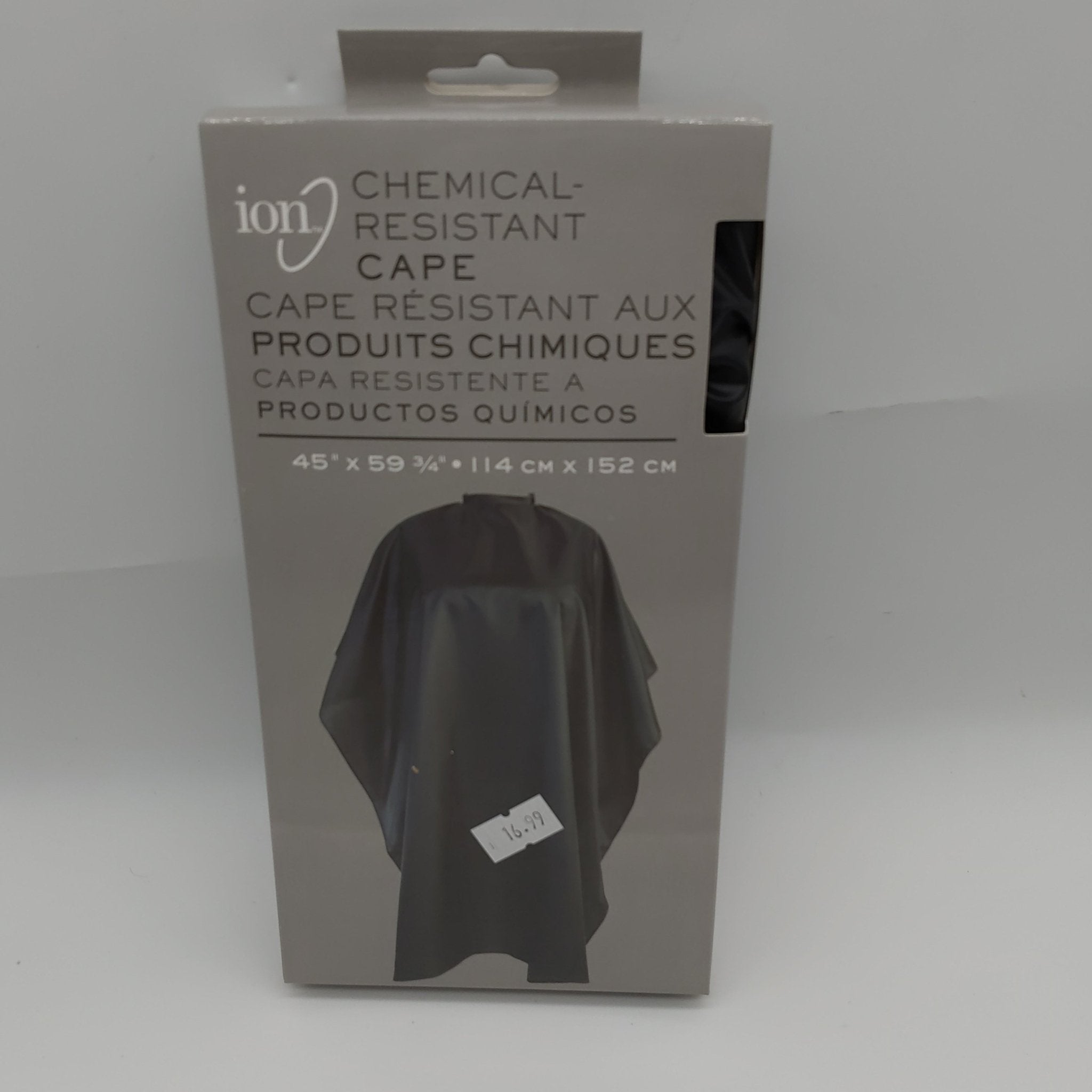 Ion chemical-resistant black barber cape with Velcro closure, 45 inches by 60 inches.