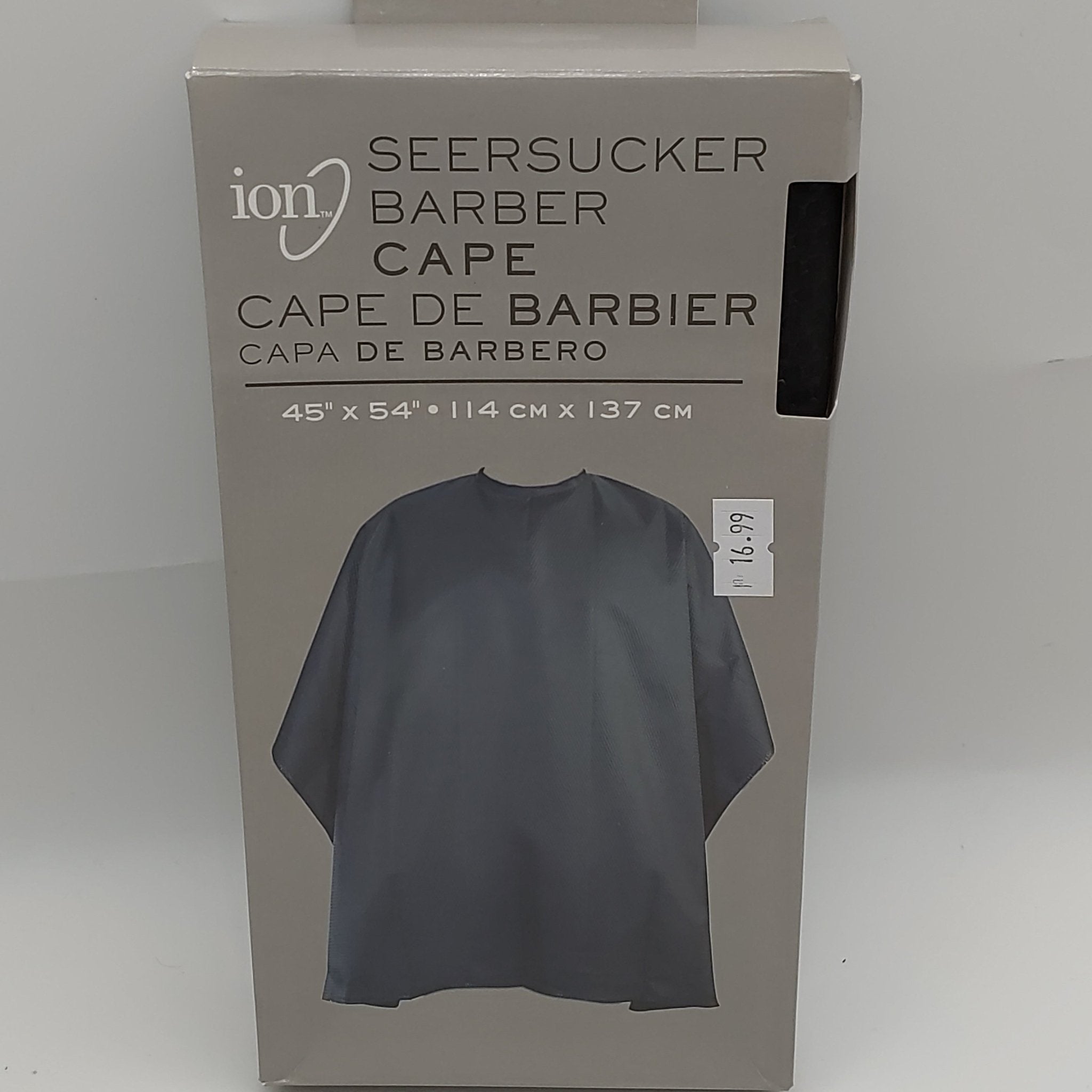 Ion Seersucker Barber Cape in classic black, measuring 45 inches by 54 inches for professional grooming.