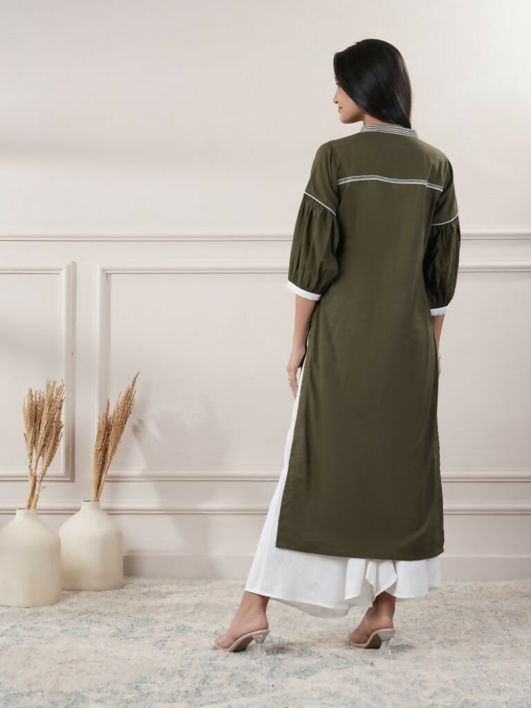 Women's Khaki V-Neck Calf-Length Casual Dress