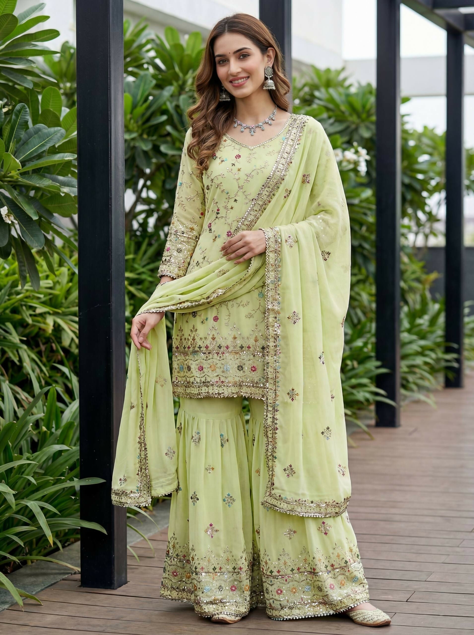 Pista green georgette embroidered kurti with matching sharara set