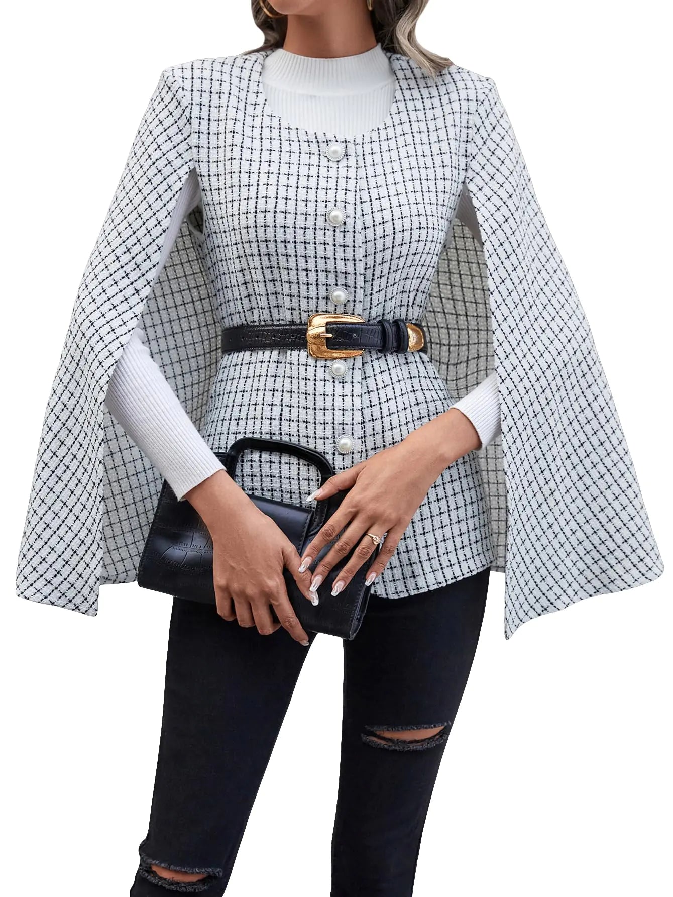 WDIRARA Womens Plaid Print Cloak Sleeve Round Neck Button Front Jacket Blazer Cape Coat White XL
