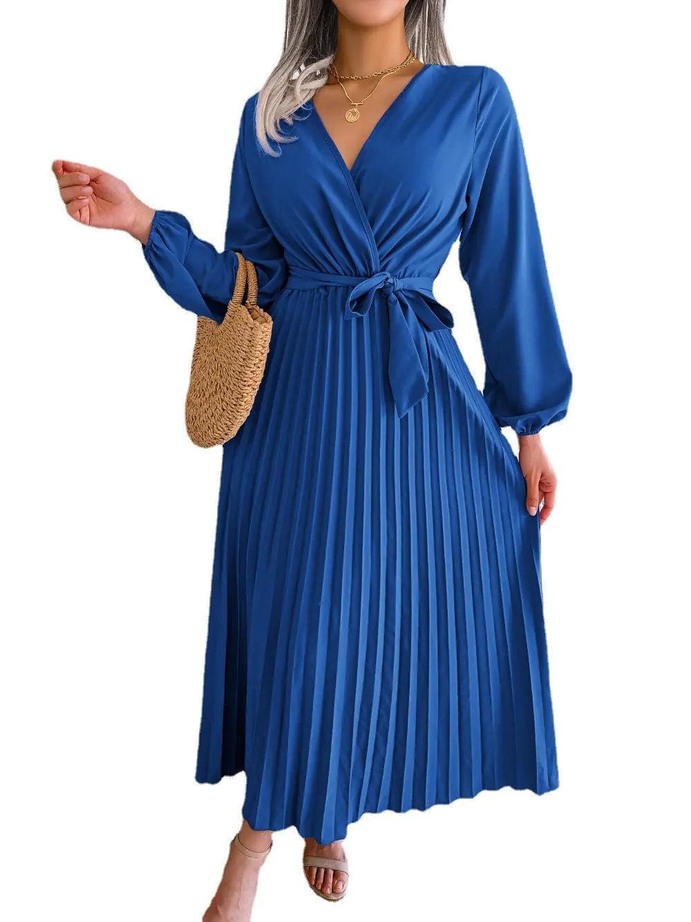 Women's V-Neck Long Sleeve Pleated Maxi Dress with Tie Waist - Image 18