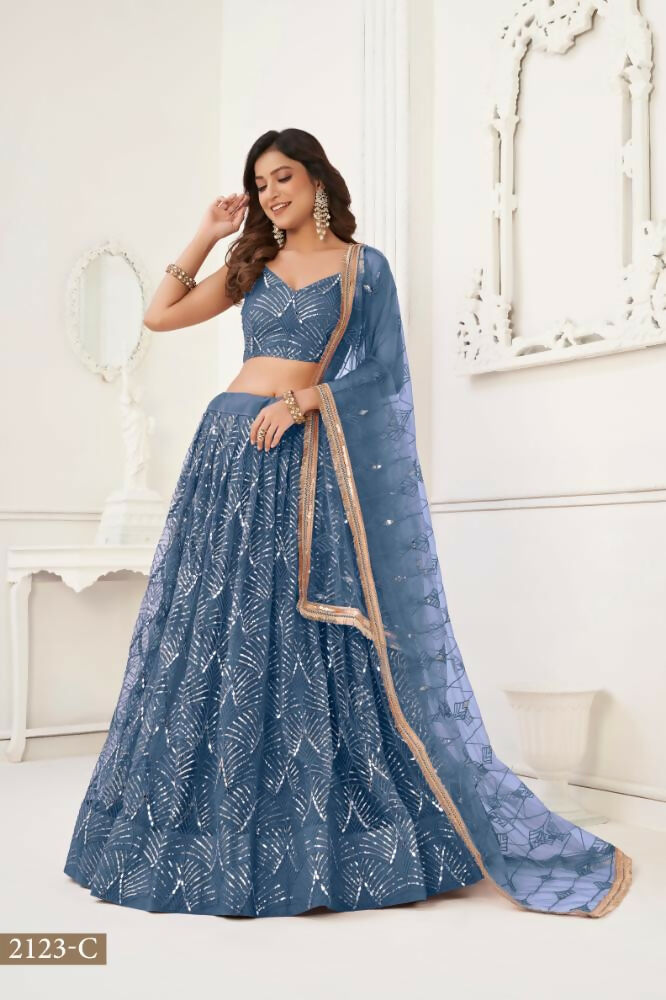 Peach Butterfly Net Lehenga Choli with Mirror and Thread Work
