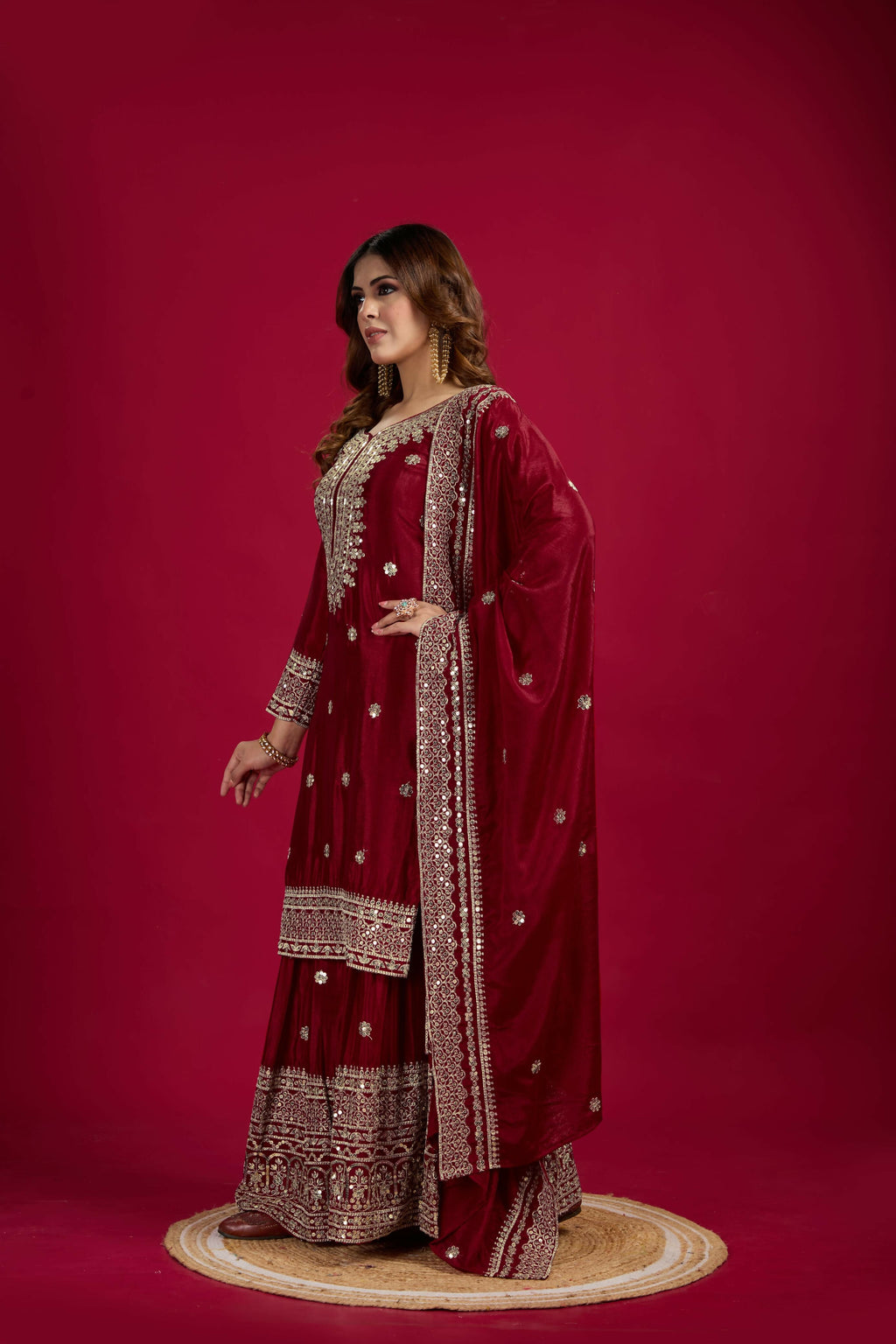 Maroon Silk Kurta Set with Sequins, Zari, and Thread Embroidery