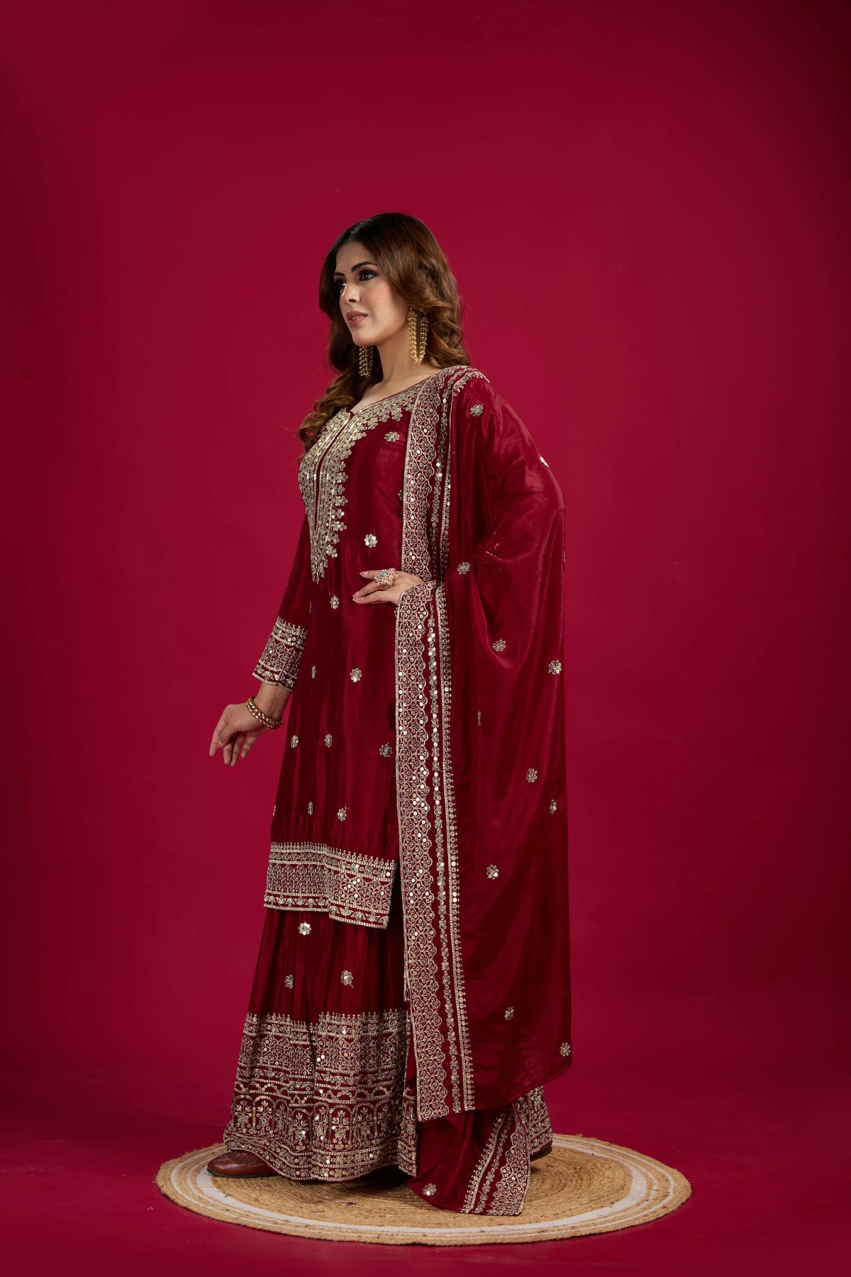 Maroon Silk Kurta Set with Sequins, Zari, and Thread Embroidery