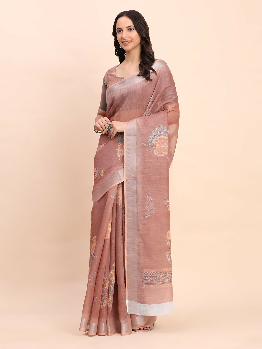 Elegant brown linen cotton saree with matching blouse fabric