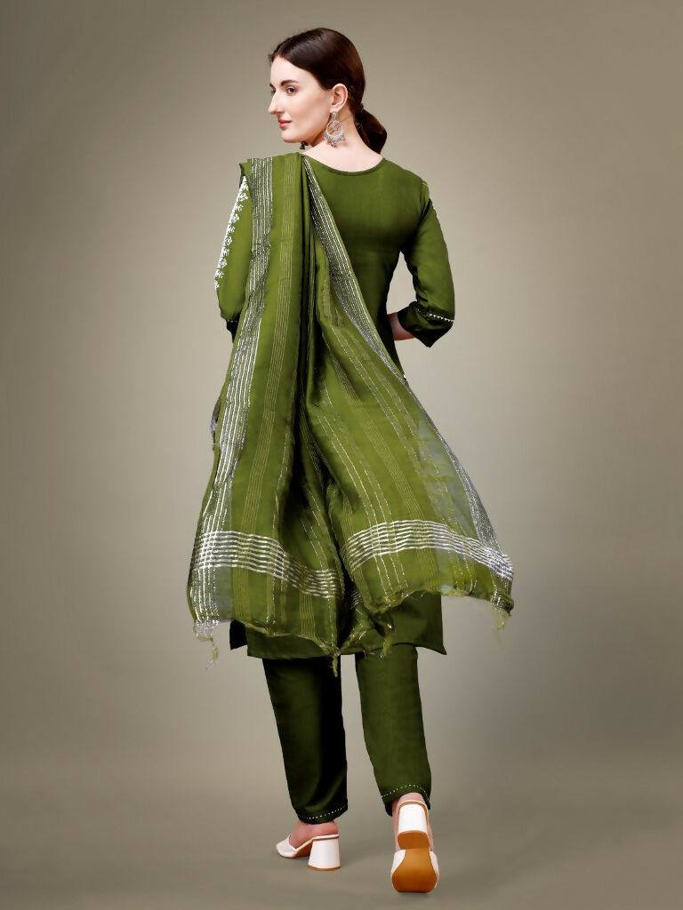 Mehendi Green Cotton Blend Embroidered Kurta Set with Dupatta