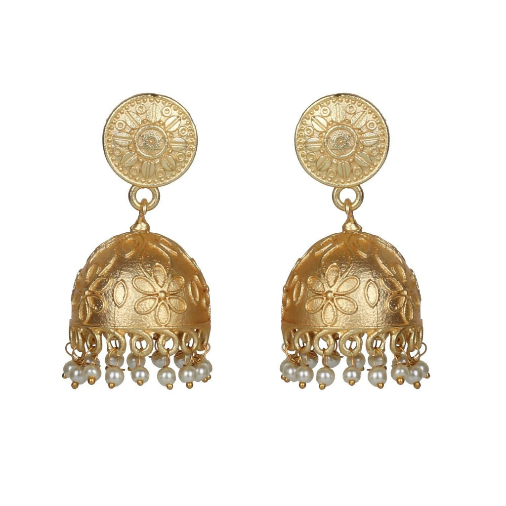 Matte Gold Brass Jhumka Earrings with Intricate Handcrafted Detail
