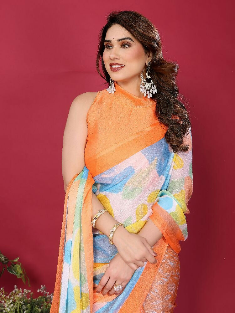 Orange Moss Chiffon Printed Saree with Matching Blouse