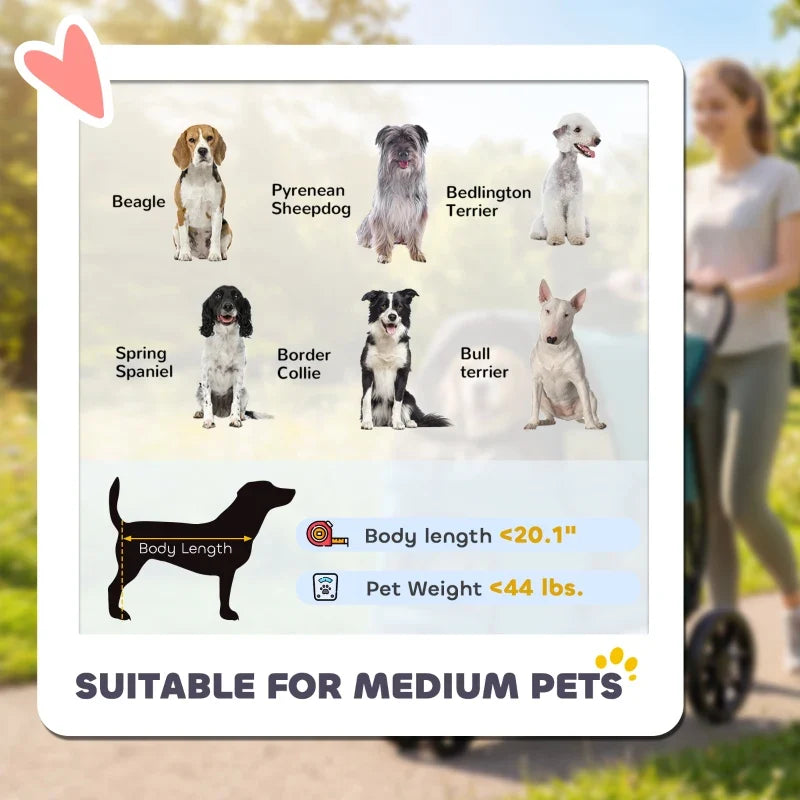 3 Wheel Pet Stroller with Easy One-Click Quick Fold, Mesh Window, Washable Cushion, for Medium Dogs