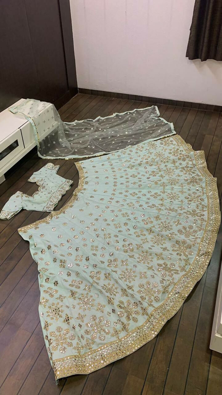 Sky Blue Mulberry Silk Paper Mirror and Zari Embroidered Lehenga