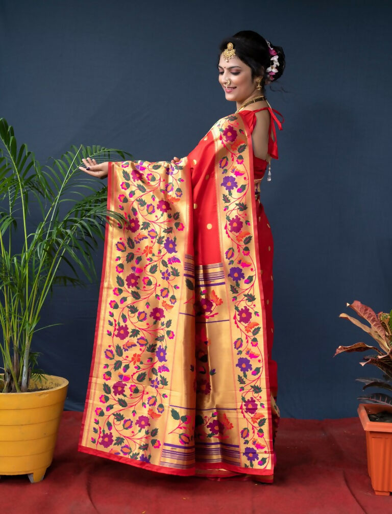 Women's Red Paithani Silk Saree with Zari Woven Border & Blouse