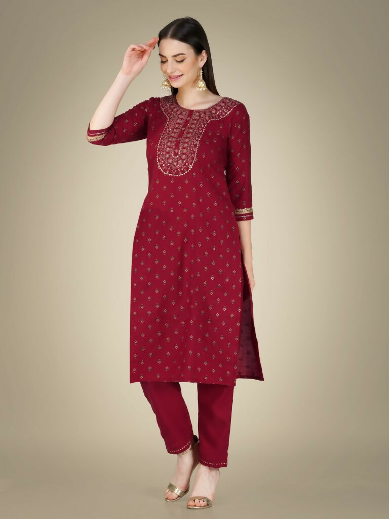 Women's Maroon Cotton Magic Slub Kurta Set with Embroidery & Sequence