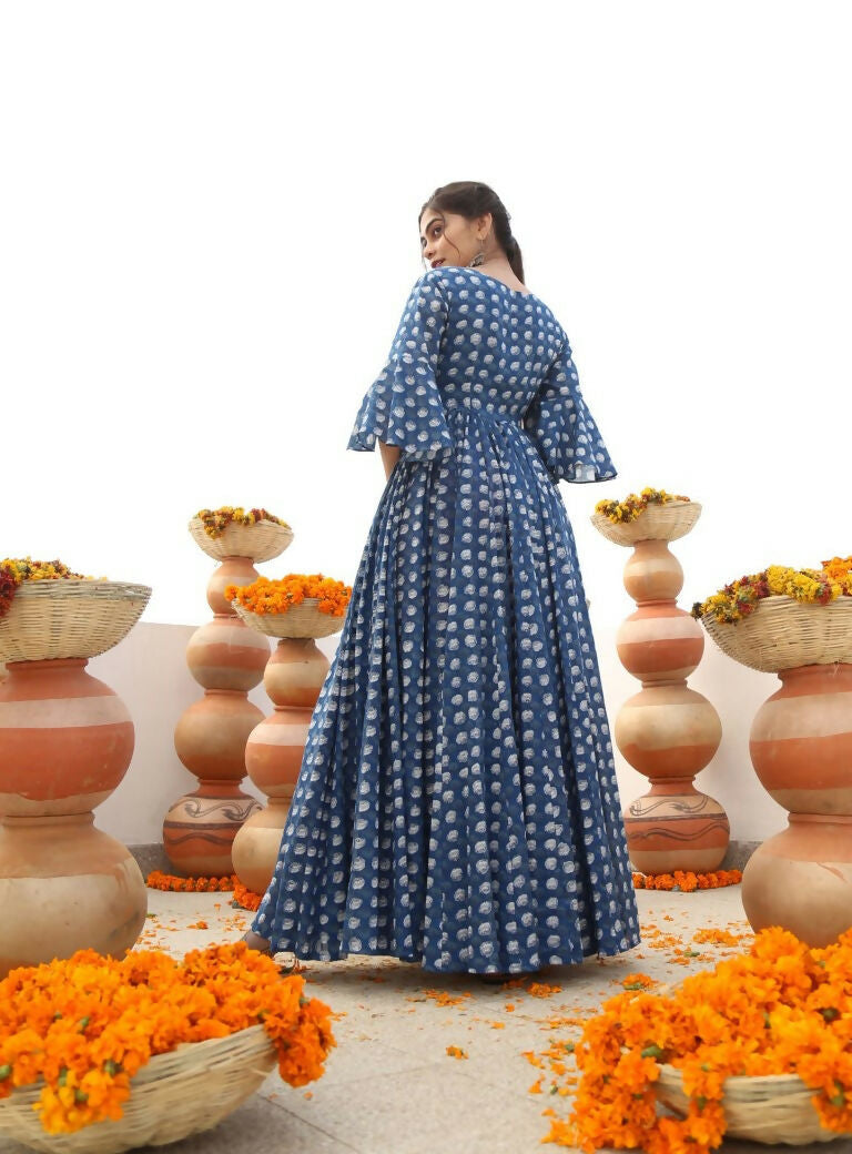 Women's Blue Cotton Silk Anarkali Dress with Digital Print